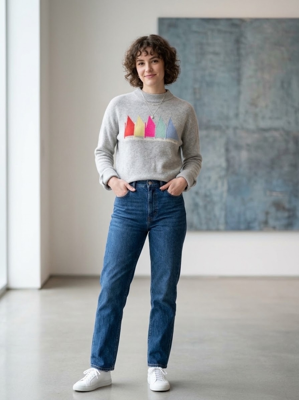 100% Cashmere Vineyard Vines Gray Sweater with Multicolor Sailboat Motif